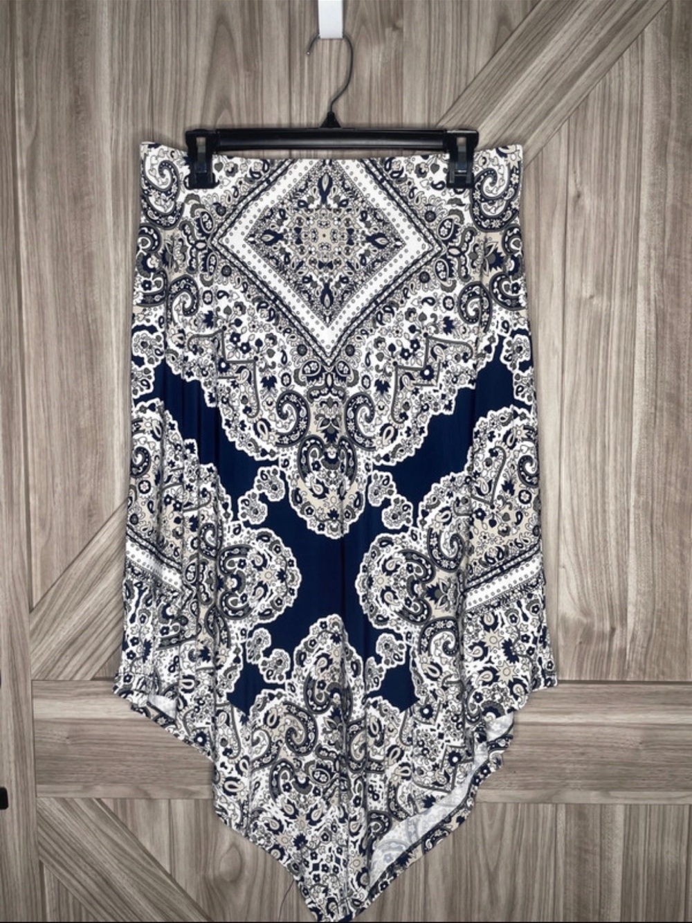 INC International Concepts Navy and White Paisley Handkerchief Hem Skirt
